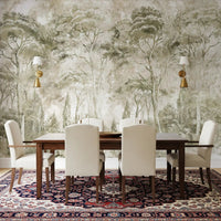 A warm forest finish runs through Sepia Pine Forest wall mural