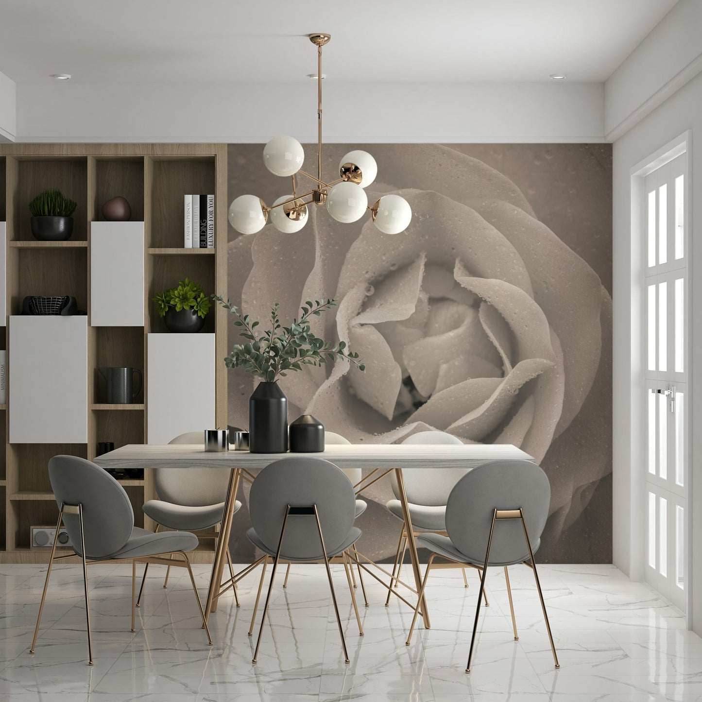Gentle floral curves on Sepia Rose Wall Mural sustainable wallpaper for walls.