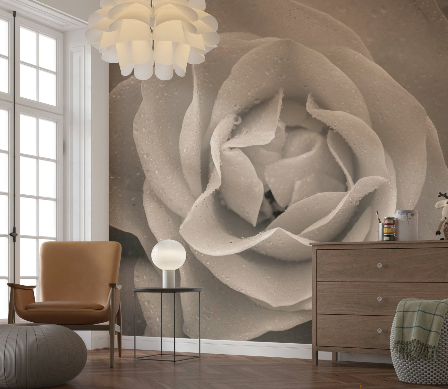 Lush botanical Sepia Rose Wall Mural displaying natural petal curvature and depth.