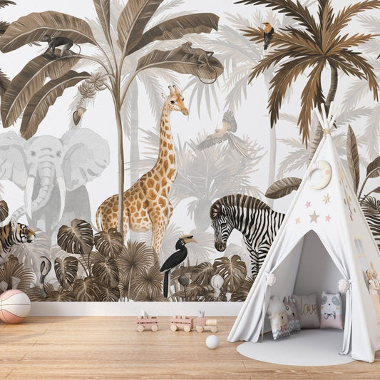 Tropical Jungle Wild Animals Trees Wallpaper Mural - Giffywalls KB35
