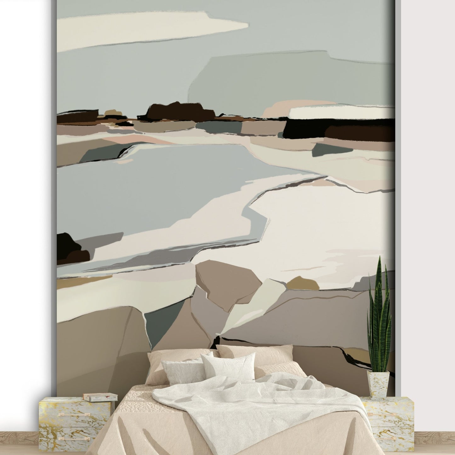 Bedroom decorated with serene abstraction mural

