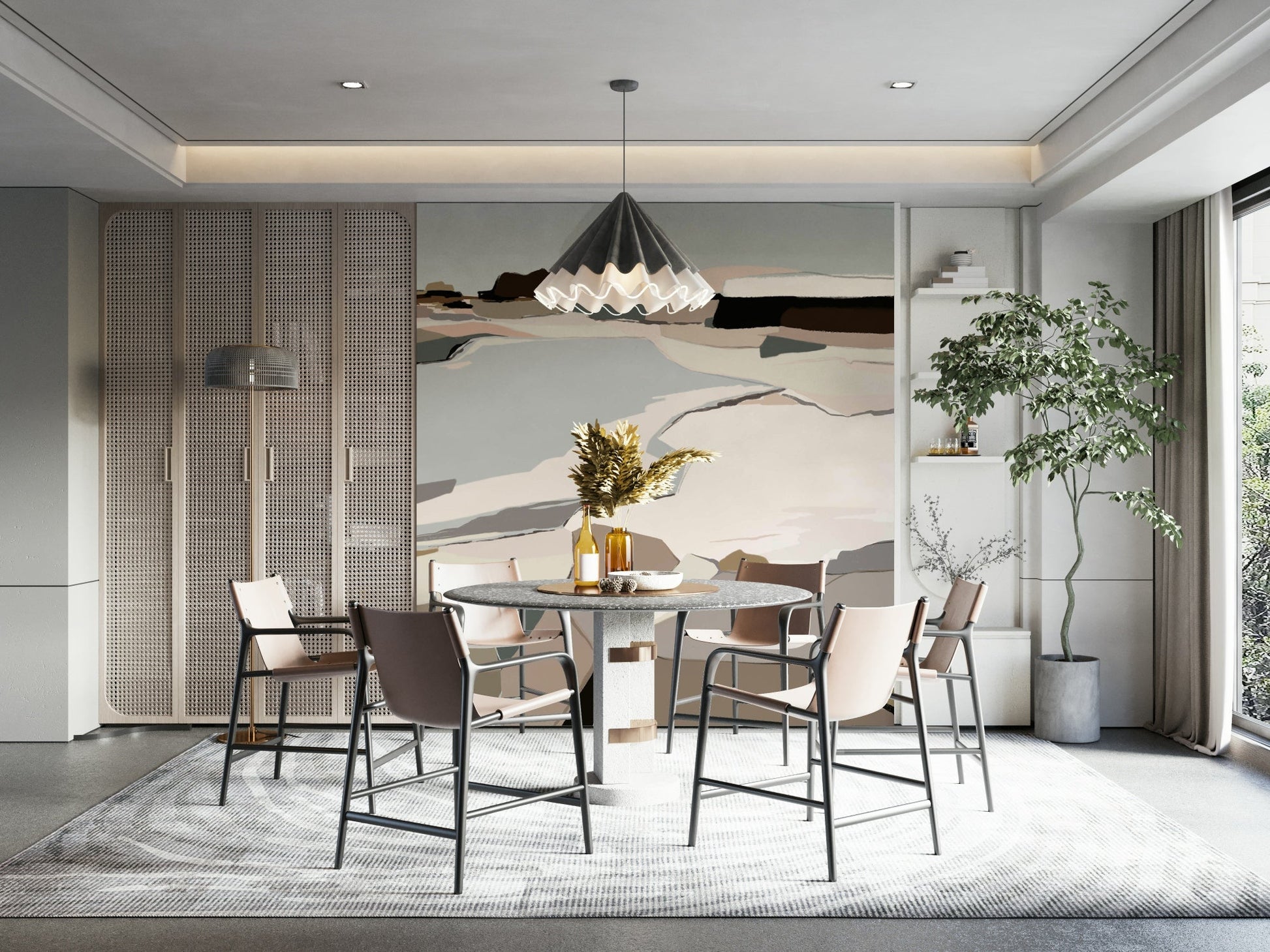 Workspace with modern abstract wallpaper

