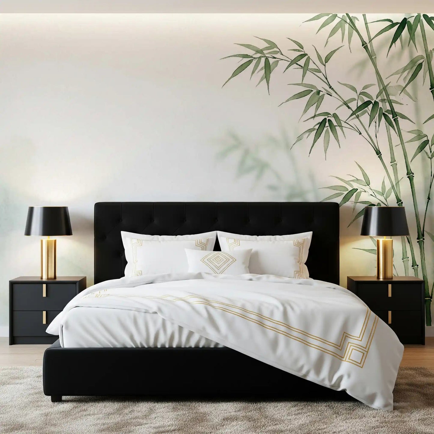 Serene Bamboo Murals Wall Mural above a bed in a soft modern bedroom, GD8916