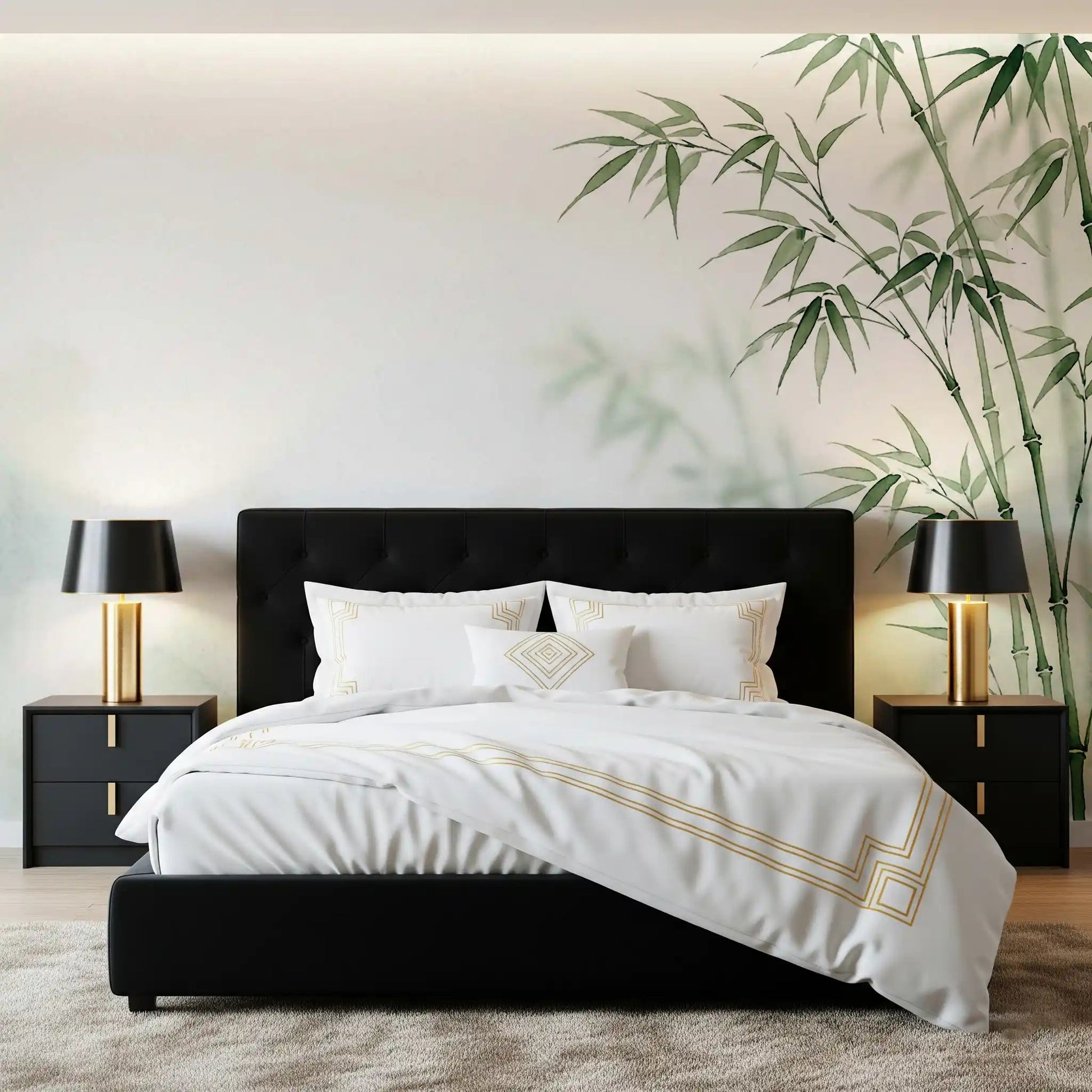 Serene Bamboo Murals Wall Mural above a bed in a soft modern bedroom, GD8916