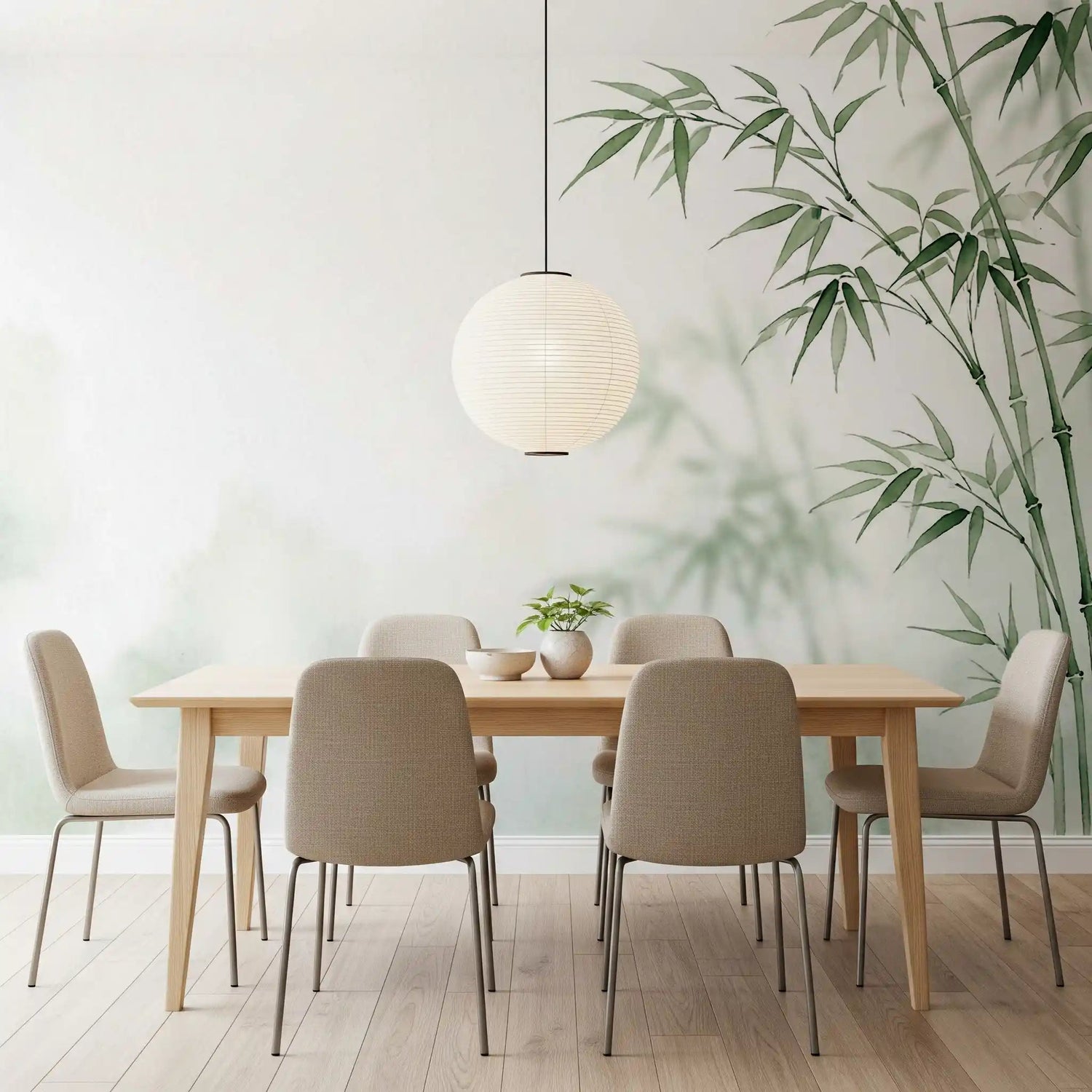 Serene Bamboo Murals Wall Mural behind a dining table in a calm dining room, GD8916
