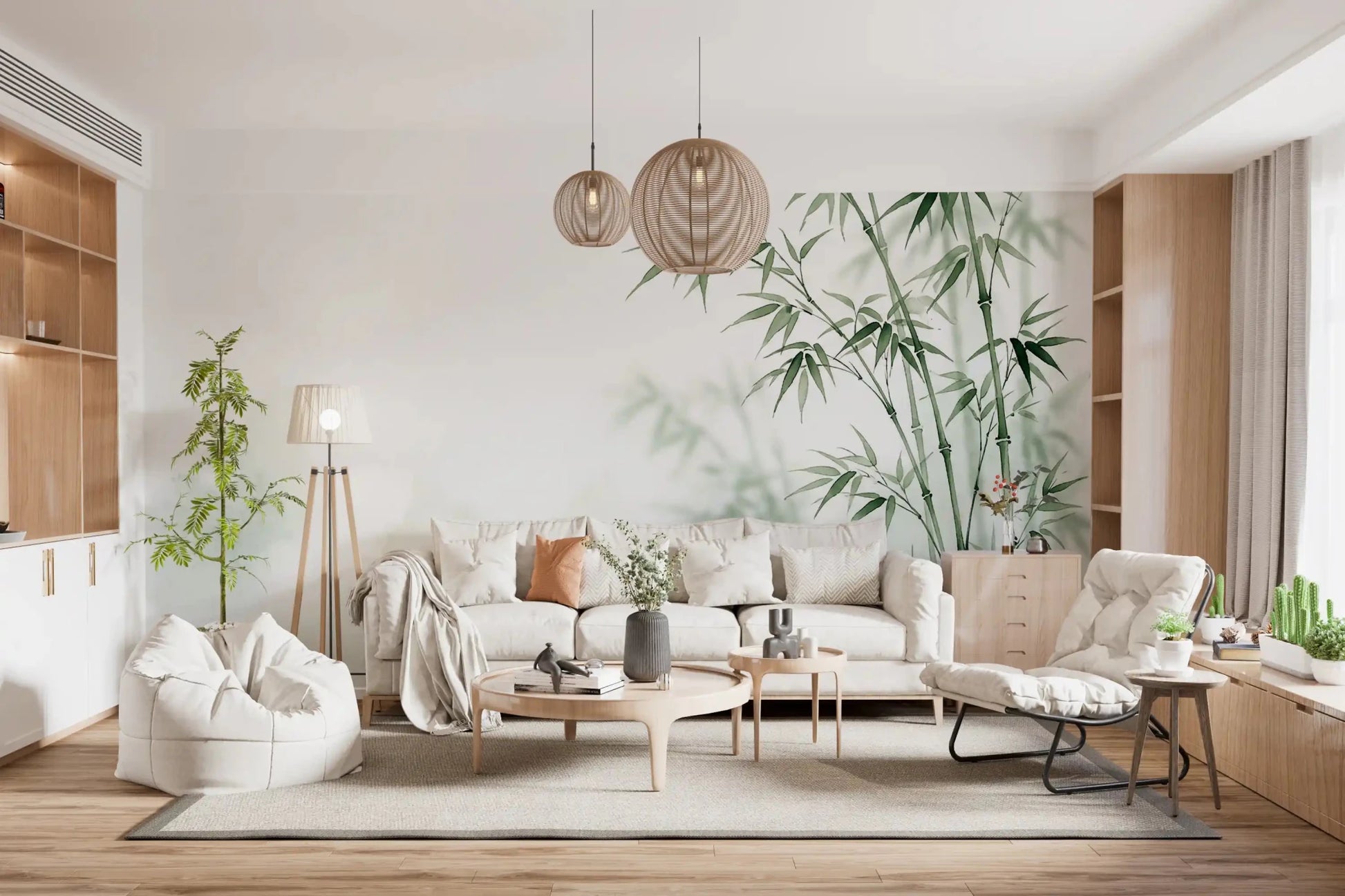 Serene Bamboo Murals Wall Mural paired with a dining set in a sunny room, GD8916