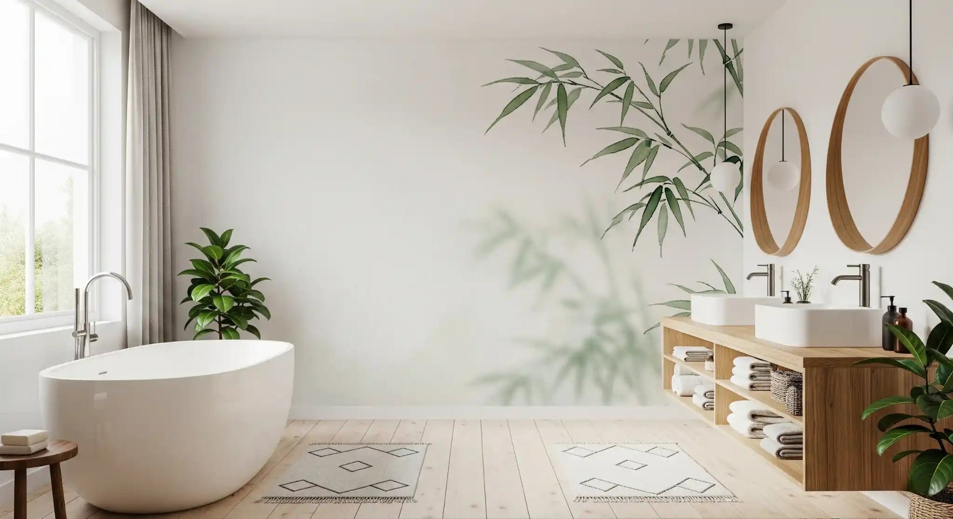Spa-like bathroom featuring Serene Bamboo Murals Wall Mural near the tub, GD8916