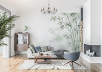 Chandelier-lit sitting area with Serene Bamboo Murals Wall Mural as backdrop, GD8916