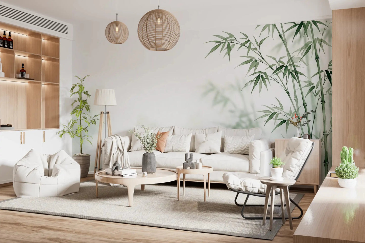 Airy living room styled with Serene Bamboo Murals Wall Mural and pale seating, GD8916