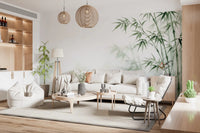 Airy living room styled with Serene Bamboo Murals Wall Mural and pale seating, GD8916