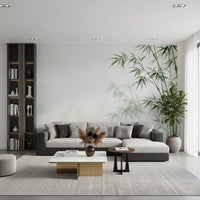 Dark-toned lounge anchored by Serene Bamboo Murals Wall Mural, GD8916