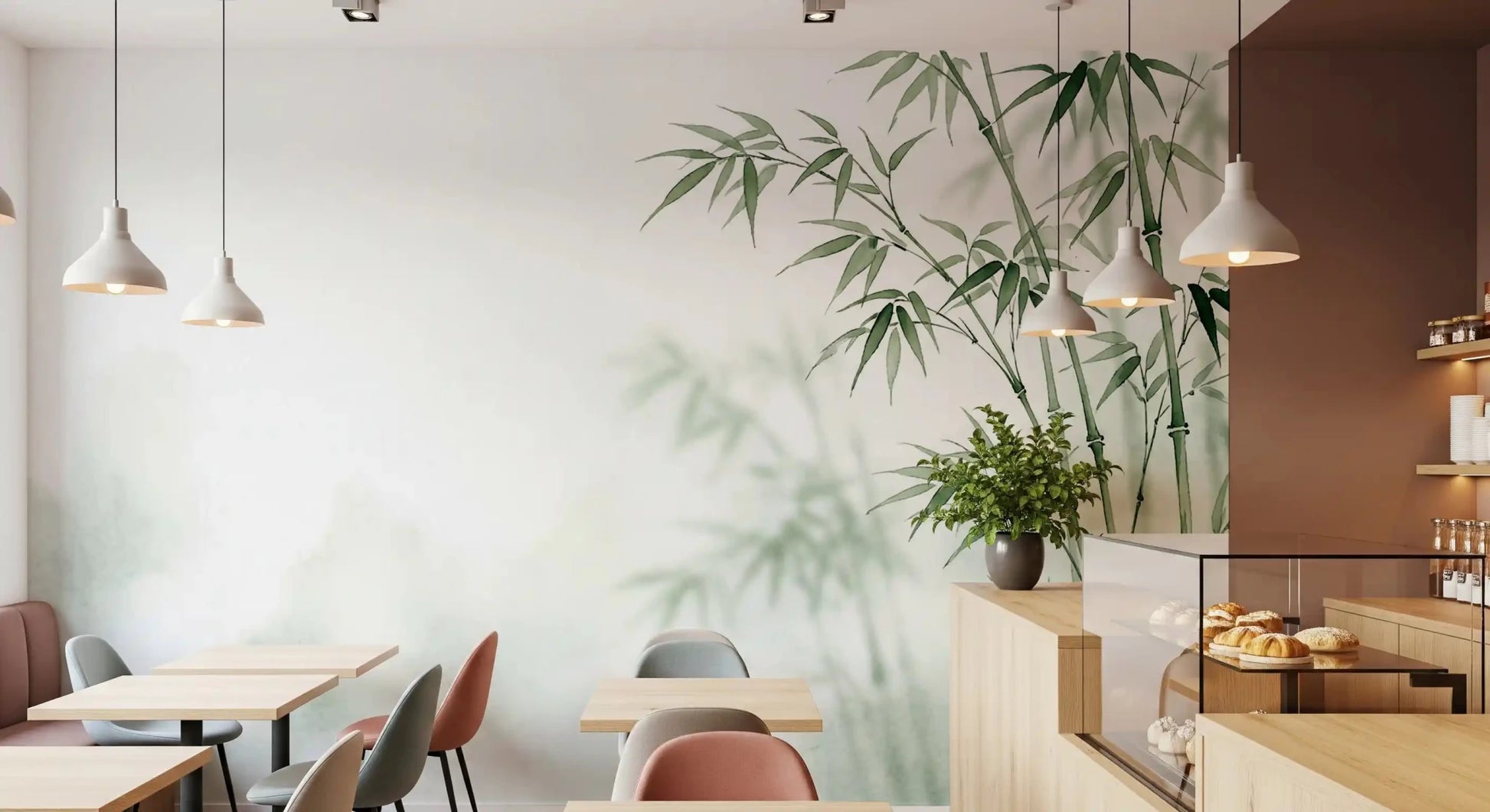 Café view with Serene Bamboo Murals Wall Mural beside the dining area, GD8916