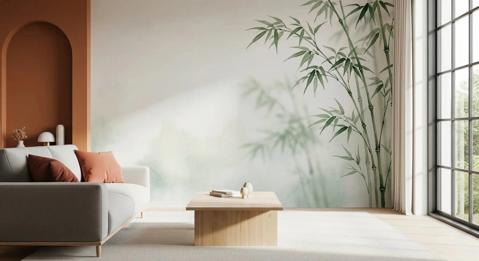 Minimal Living corner with Serene Bamboo Murals Wall Mural and an arched nook, GD8916