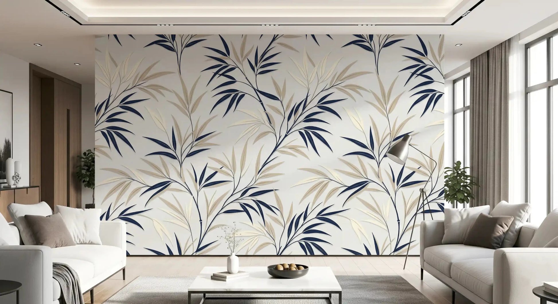 Living room styled with Serene Bamboo Whispers wall mural and leaf pattern
