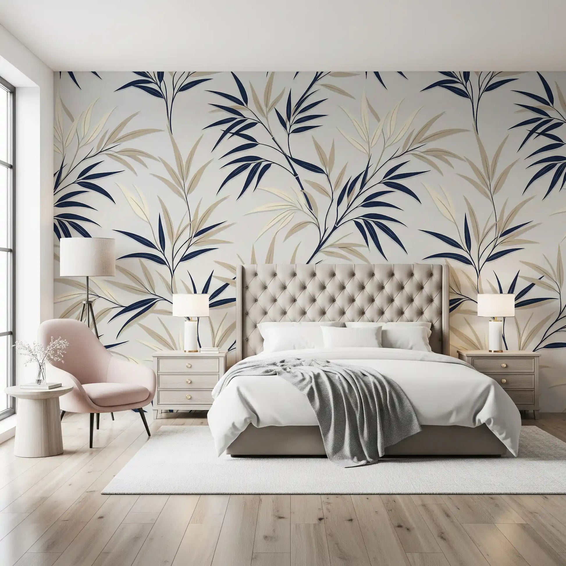 Bedroom space featuring Serene Bamboo Whispers wall mural in neutral tones