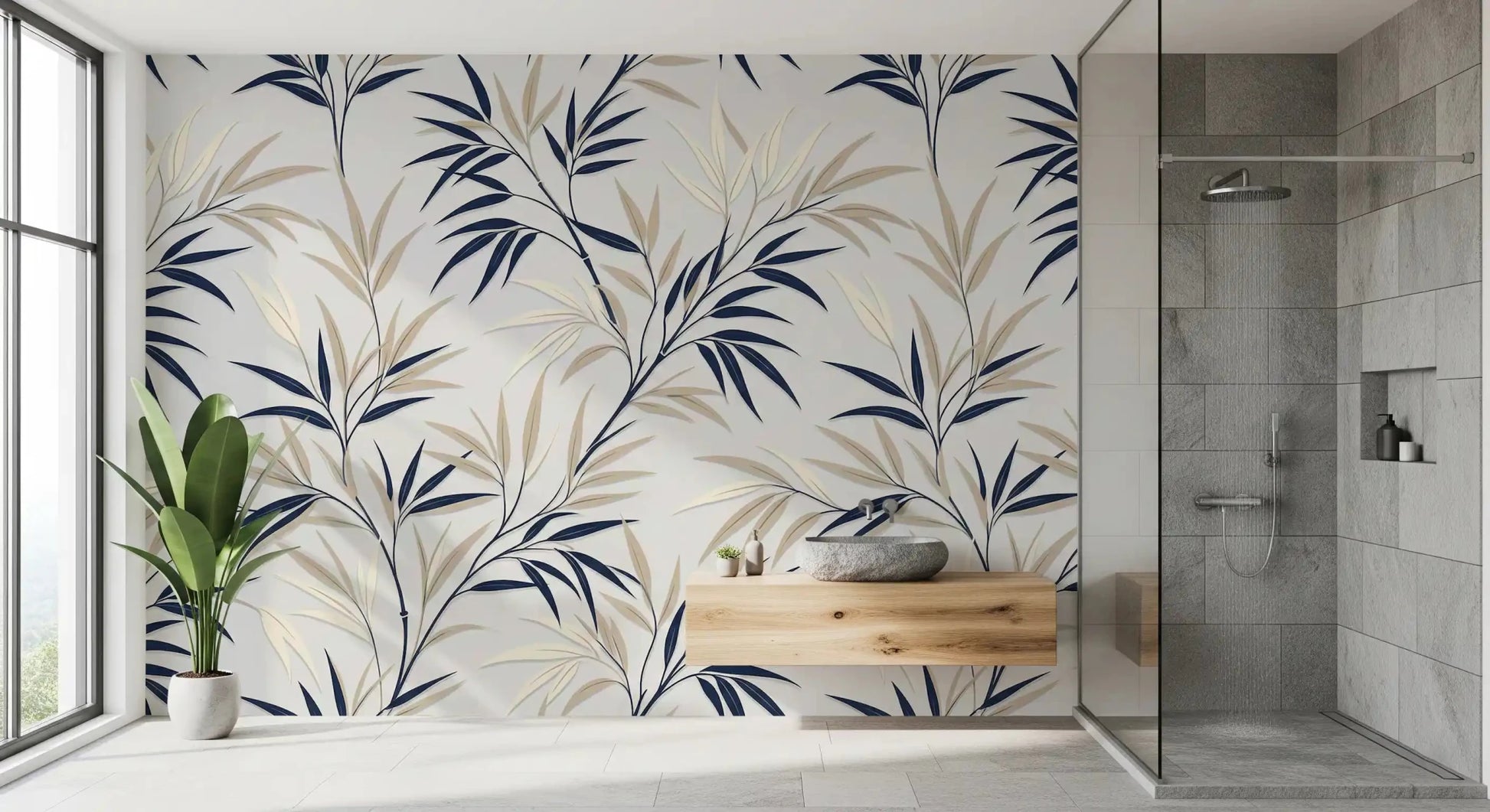 Neutral leaf design spreads through Serene Bamboo Whispers wall mural surface