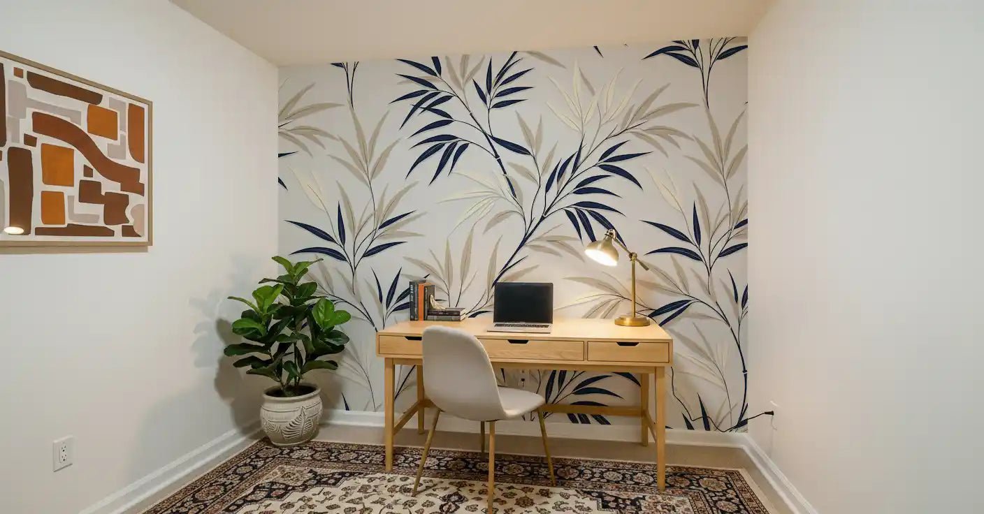 Soft bamboo leaf pattern appears across Serene Bamboo Whispers wall mural