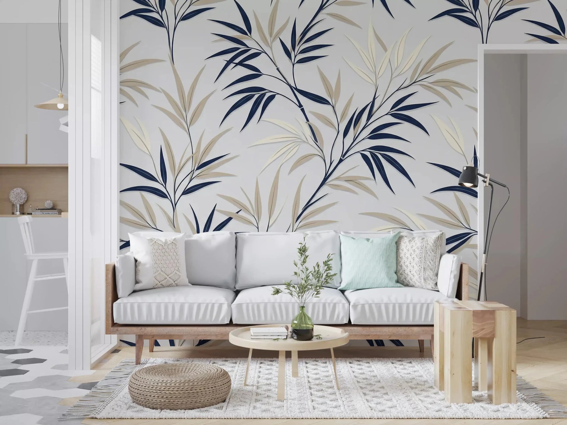 Hallway area showing Serene Bamboo Whispers wall mural with bamboo leaves
