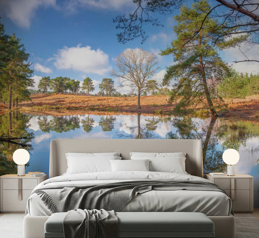 Bedroom featuring Serene Nature Wall Mural and mirrored tree landscape
