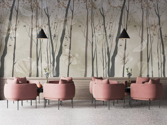 Serene beige forest wallpaper mural design A108
