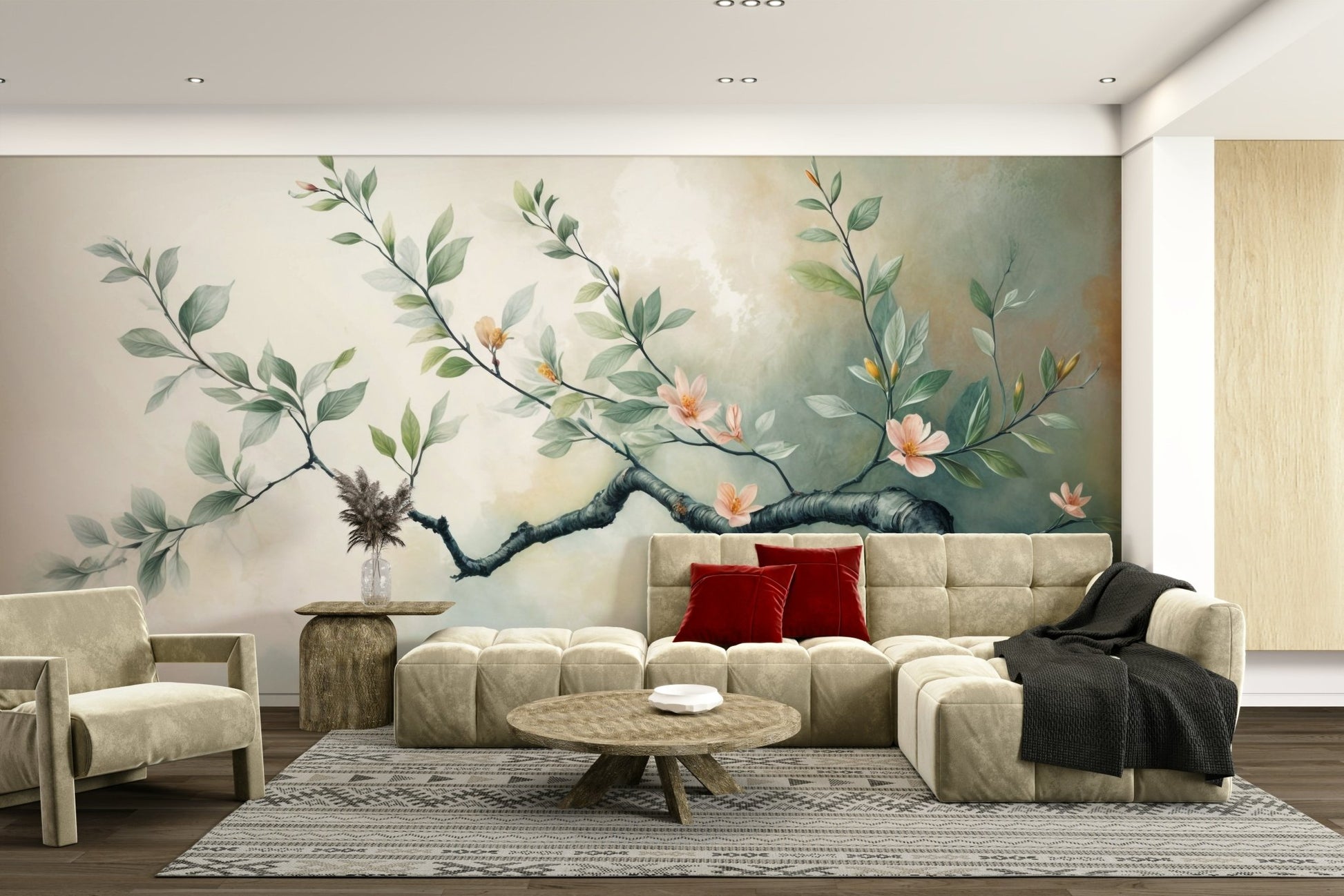 The branch and blooms are a central focus of the image.

