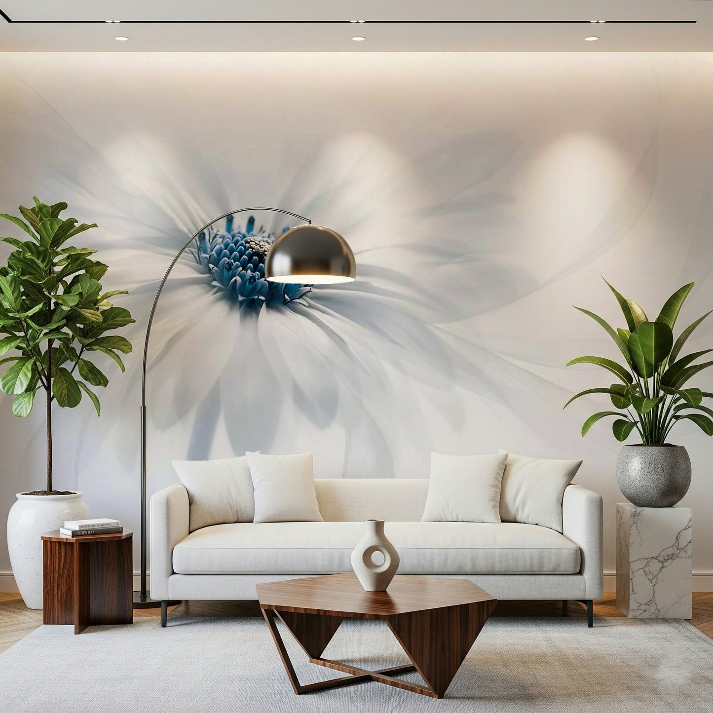 A graceful subtle bloom wall mural in soft, elegant tones.