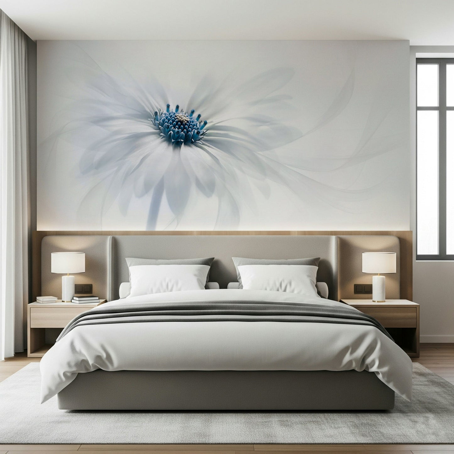 A peaceful flower design mural on decorative wallpaper.