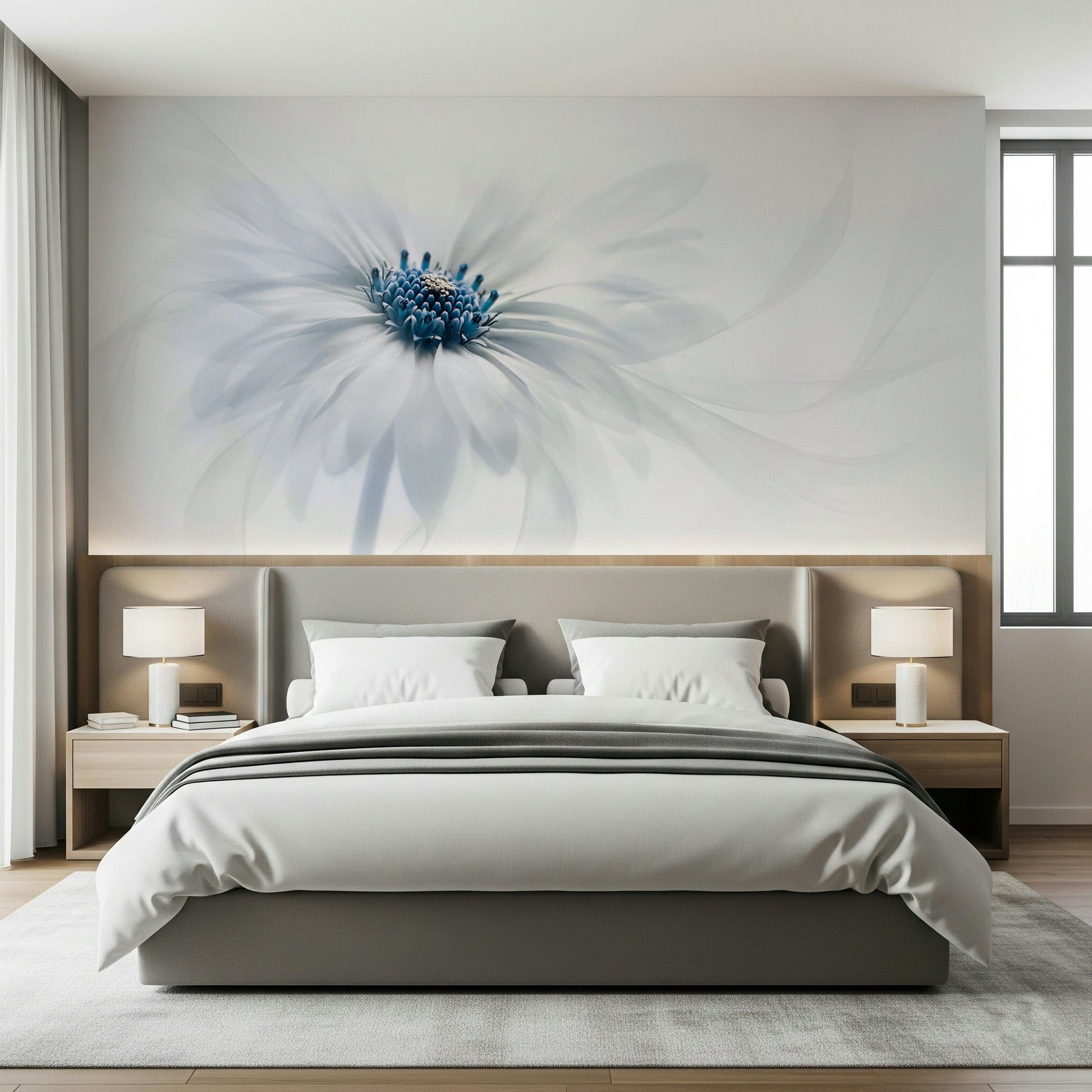 A peaceful flower design mural on decorative wallpaper.