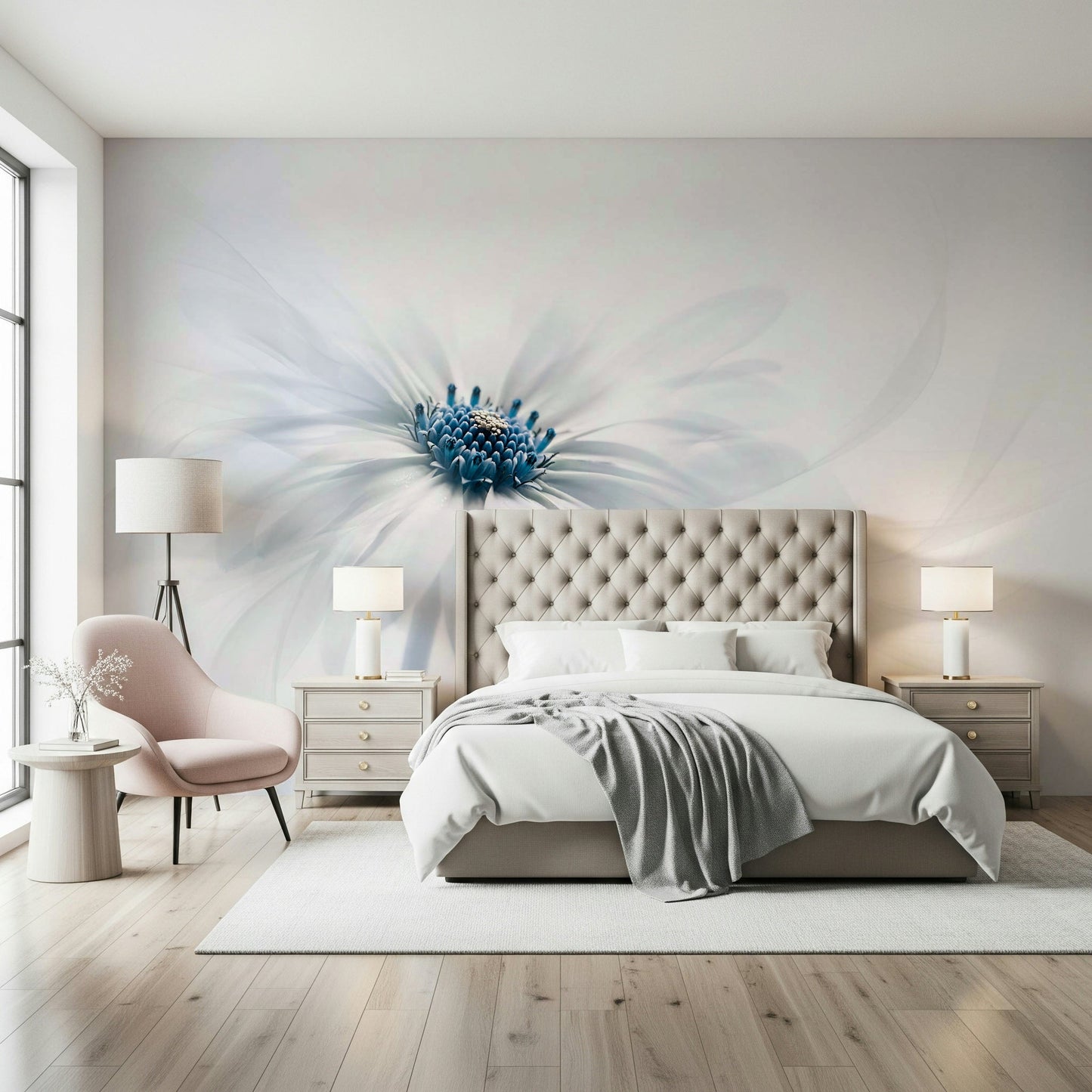 A calming floral design wallpaper mural that defines a space.