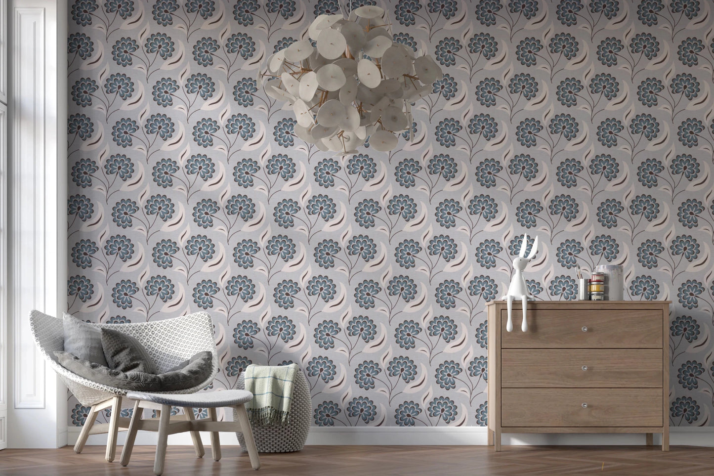 Relaxed corner with Serene Blooms Wallpaper and minimal furniture arrangement