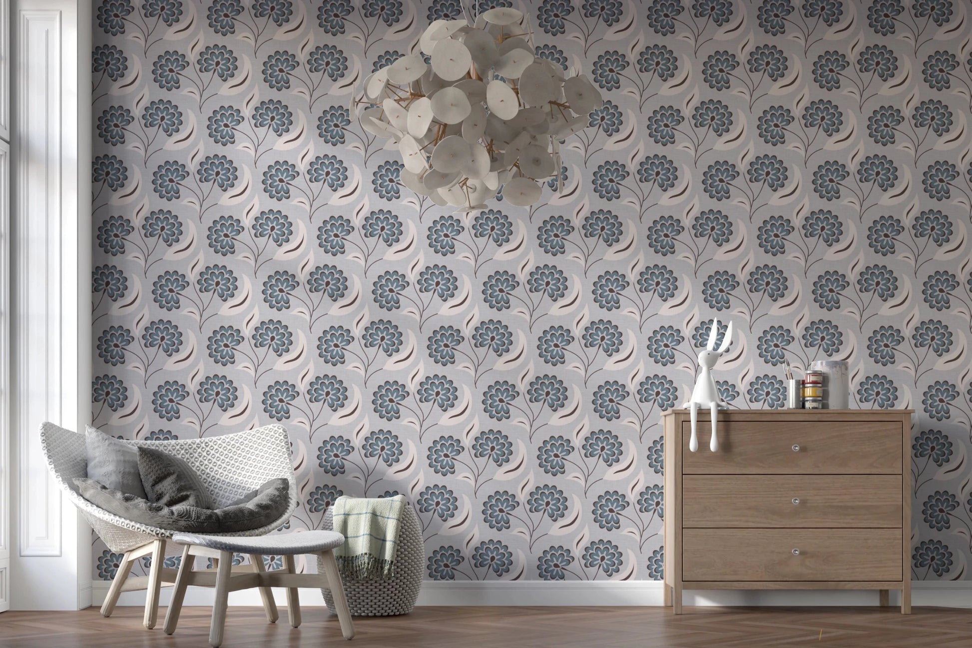 Relaxed corner with Serene Blooms Wallpaper and minimal furniture arrangement