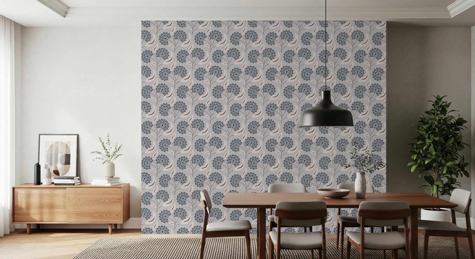 Dining setup placed in front of Serene Blooms Wallpaper with simple wooden table