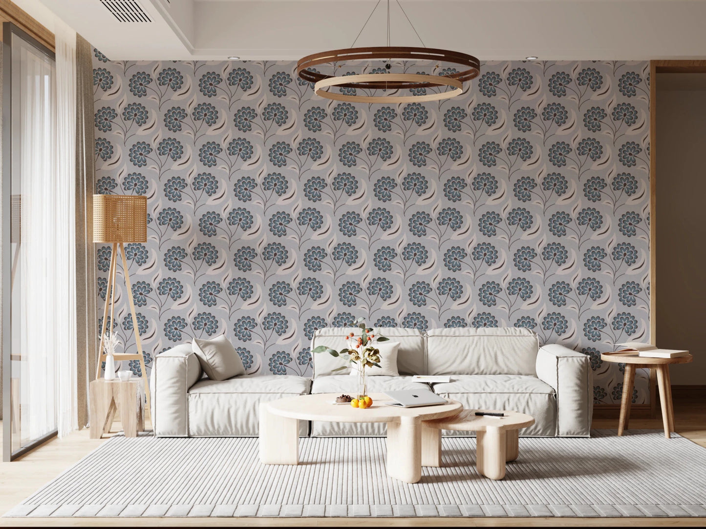 Spacious living area styled with Serene Blooms Wallpaper and layered seating