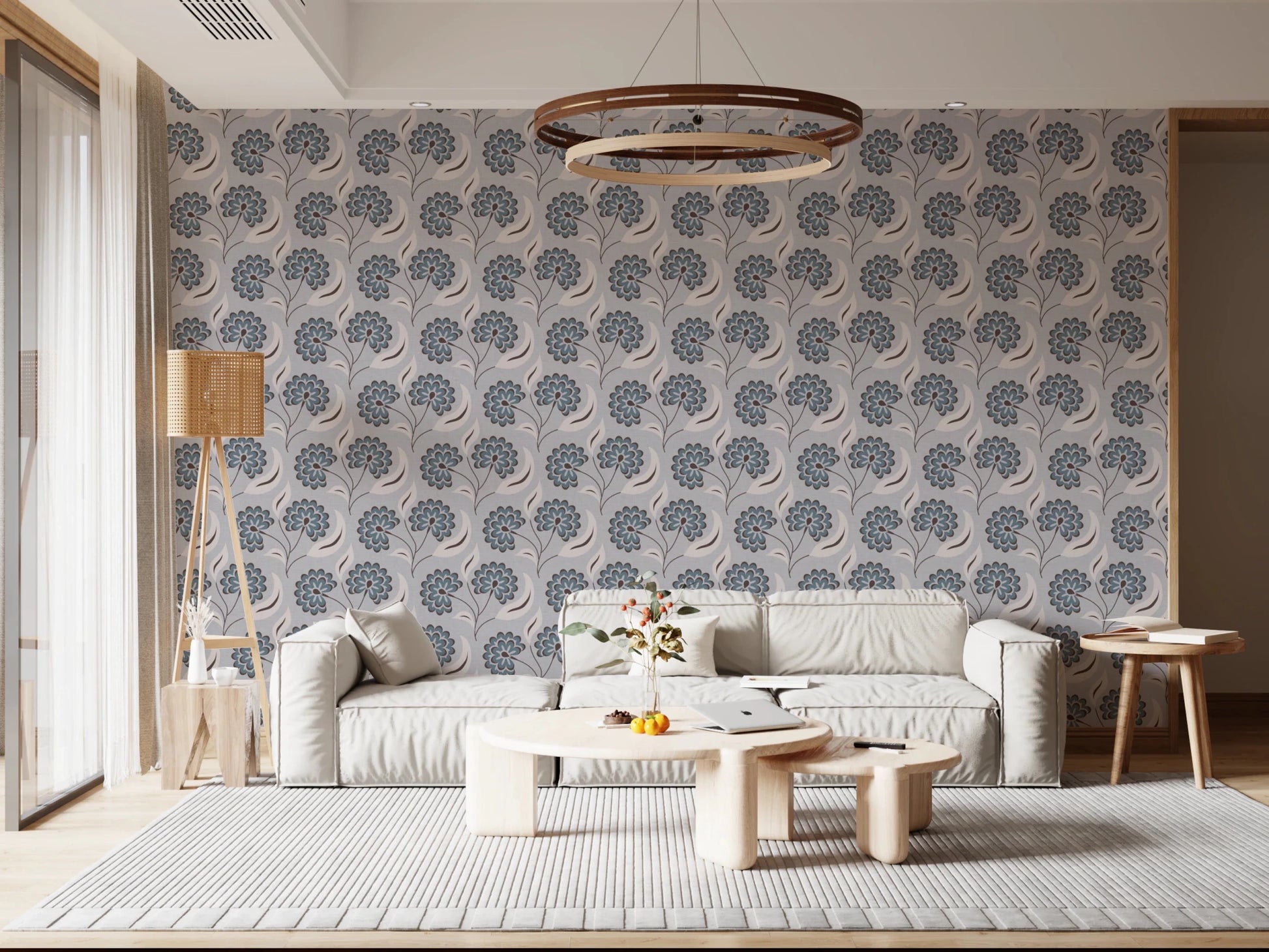 Spacious living area styled with Serene Blooms Wallpaper and layered seating