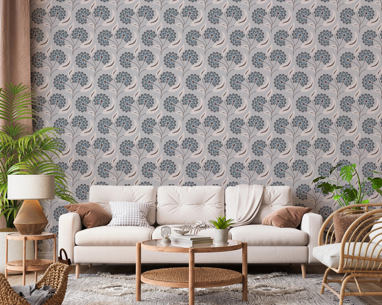 Cozy lounge arrangement enhanced by Serene Blooms Wallpaper and soft lighting
