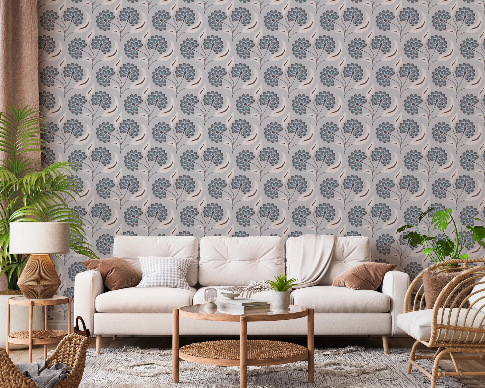 Cozy lounge arrangement enhanced by Serene Blooms Wallpaper and soft lighting