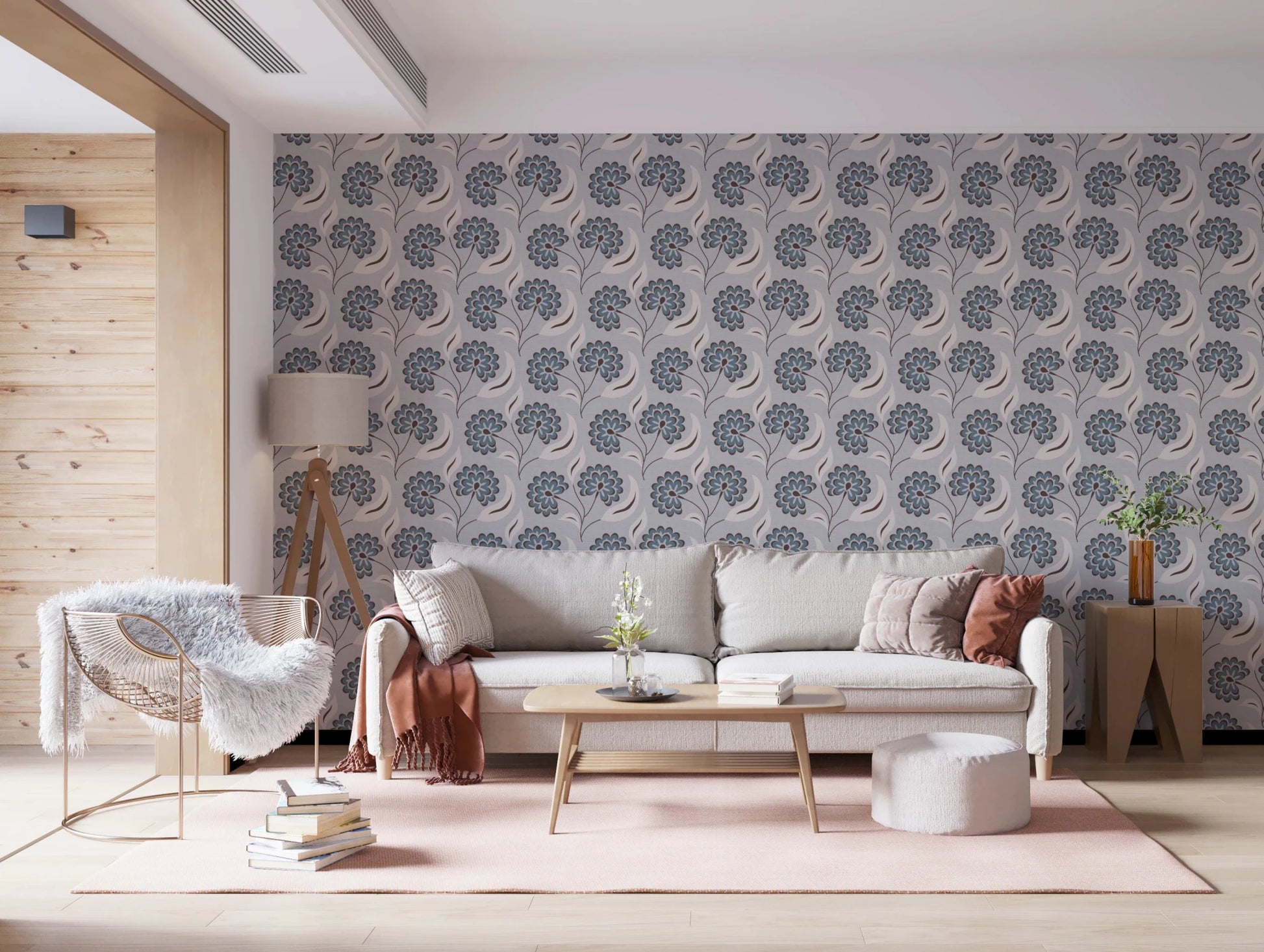Living room space where Serene Blooms Wallpaper fills a wide feature