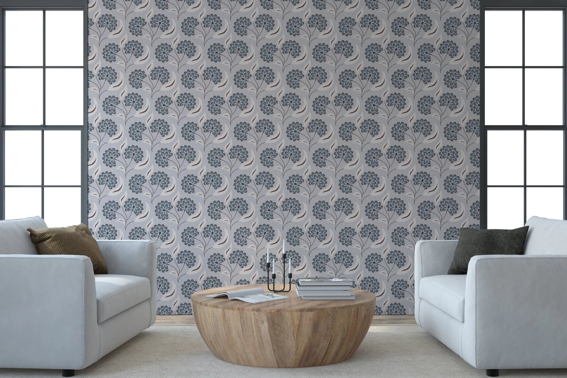 Symmetrical seating area styled against Serene Blooms Wallpaper and neutral tones