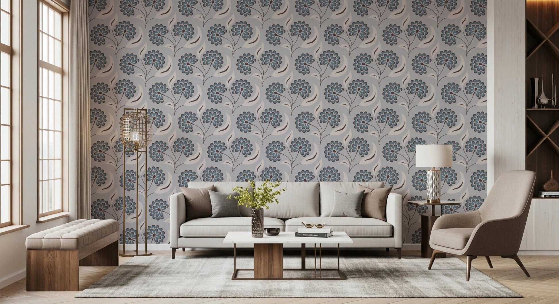 Bright interior corner where Serene Blooms Wallpaper pairs with natural textures