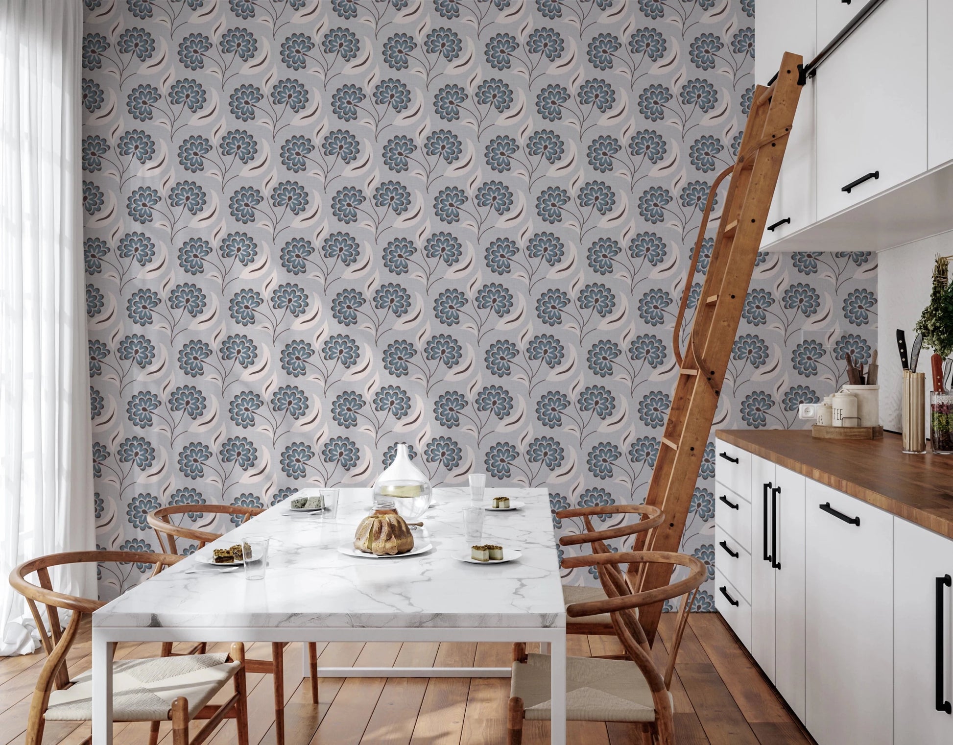 Kitchen dining area featuring Serene Blooms Wallpaper as a subtle patterned backdrop