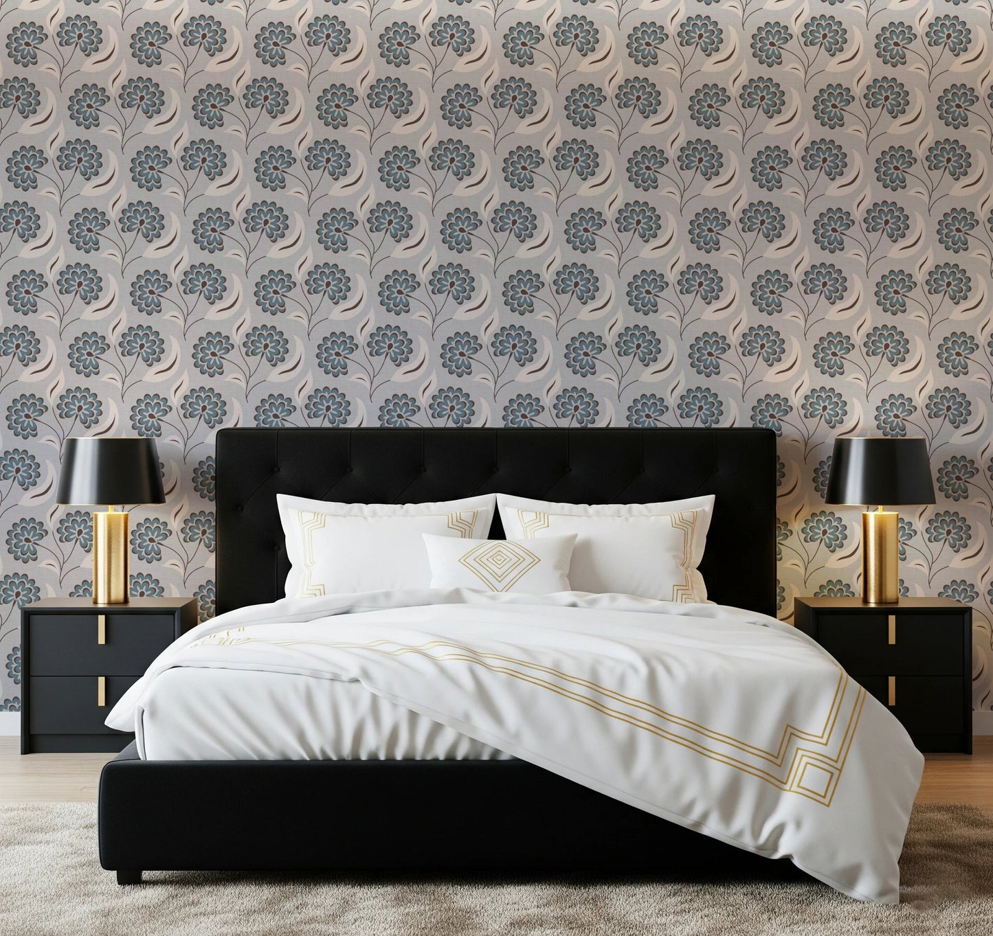 Bedroom setup with Serene Blooms Wallpaper behind a dark upholstered bed
