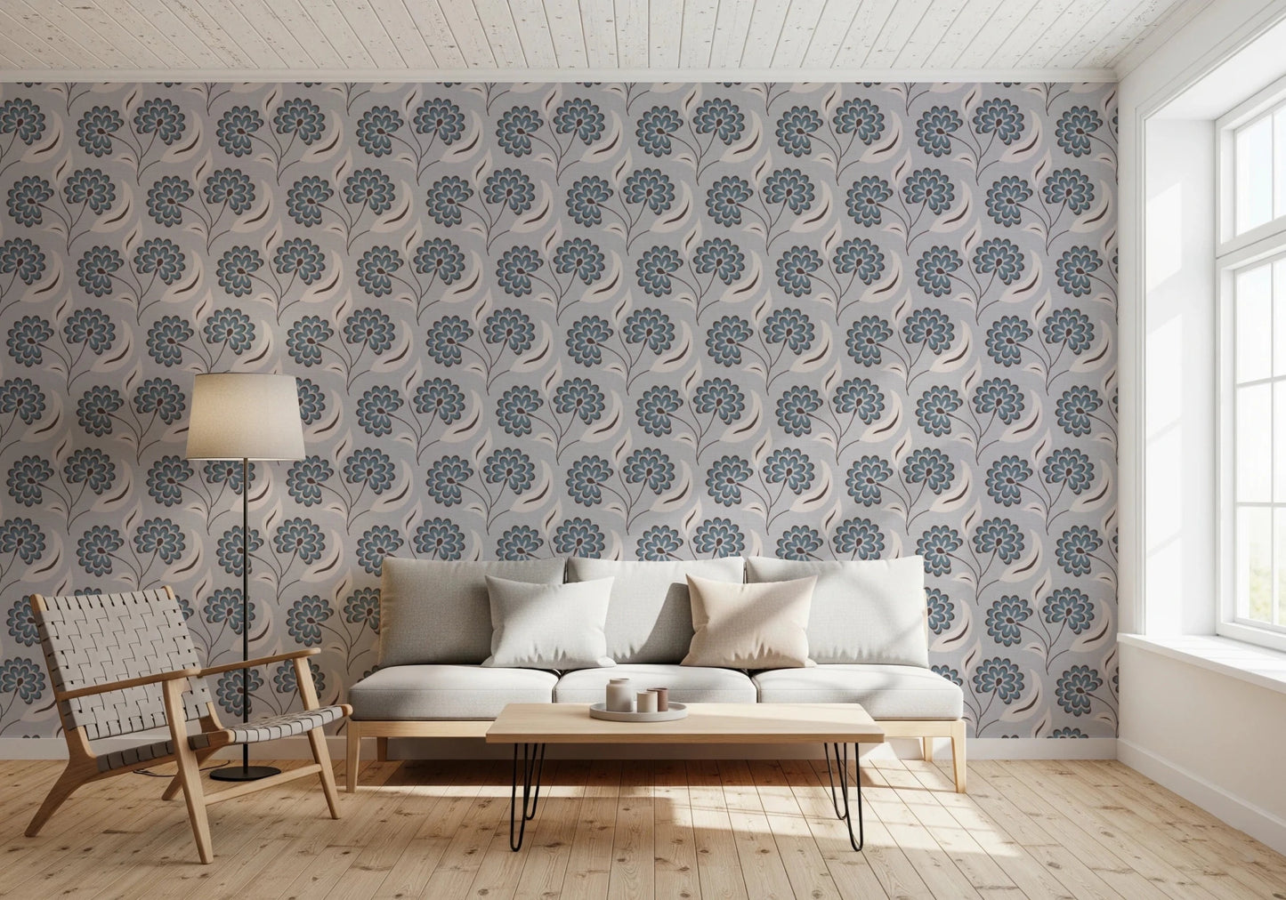 Open room view where Serene Blooms Wallpaper blends with warm interior finishes