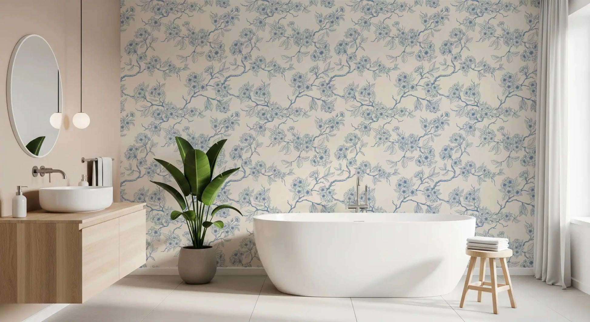 Bathroom space with Serene Blossom Branches wallpaper and delicate blue blossoms, GD9274