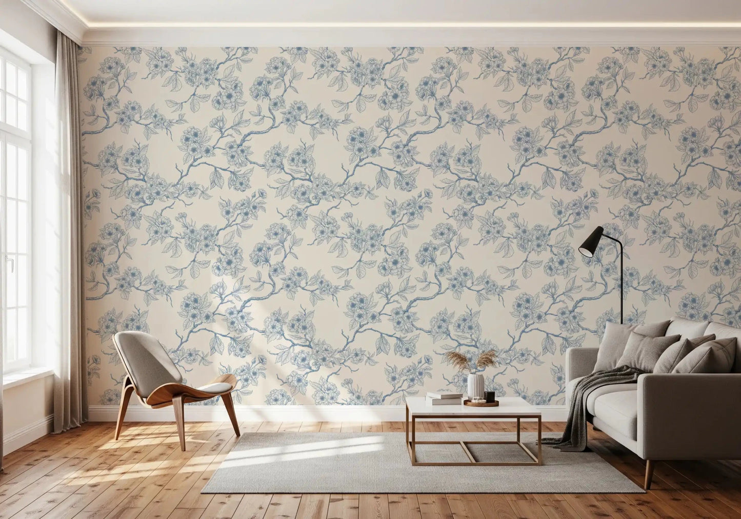 Pale background and blue florals define Serene Blossom Branches wallpaper, GD9274
