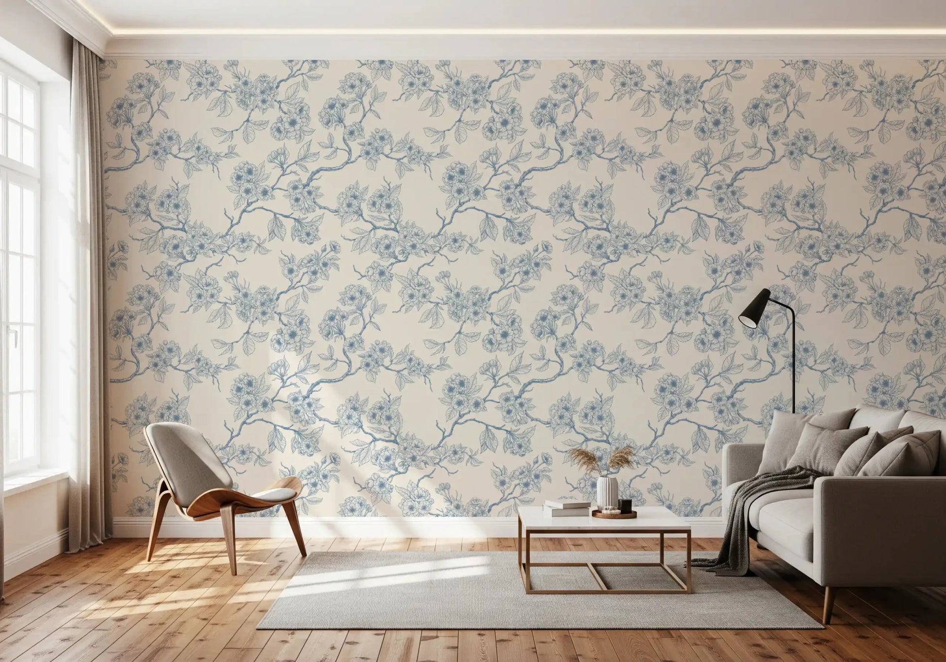 Pale background and blue florals define Serene Blossom Branches wallpaper, GD9274