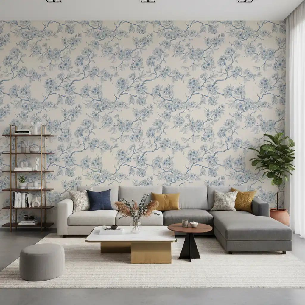 Hallway finished in Serene Blossom Branches wallpaper on a pale floral base, GD9274
