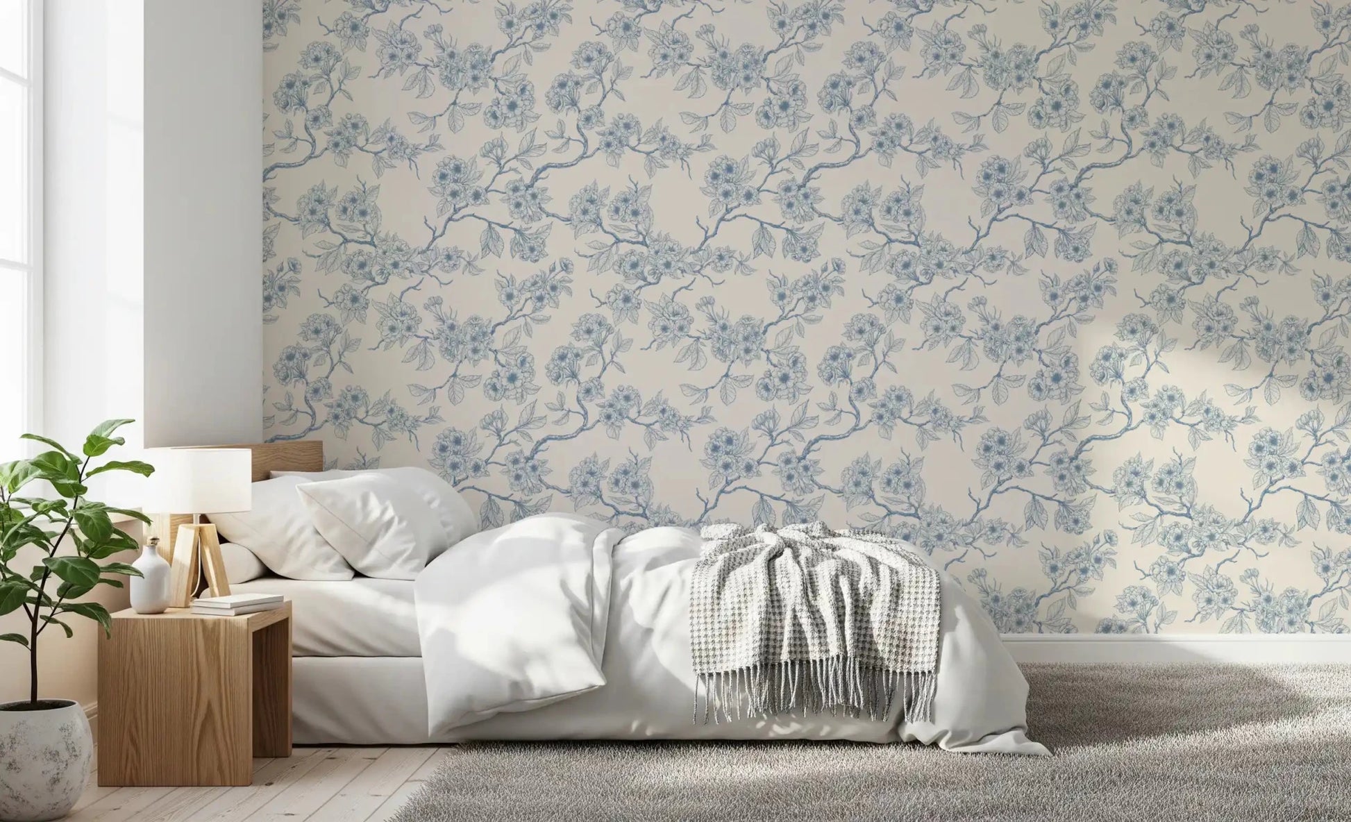 Bedroom wall featuring Serene Blossom Branches wallpaper with airy branch detail, GD9274