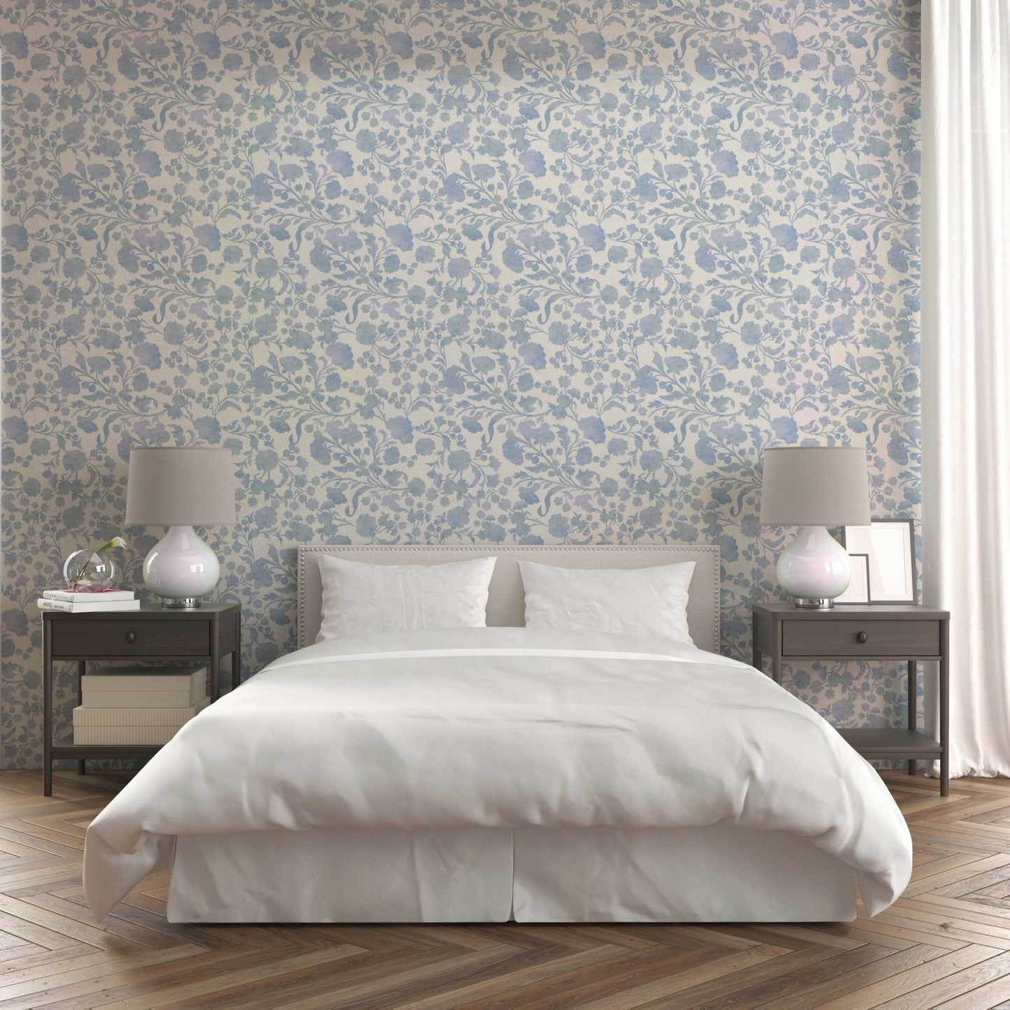 Sophisticated blue floral wallpaper with vintage flair

