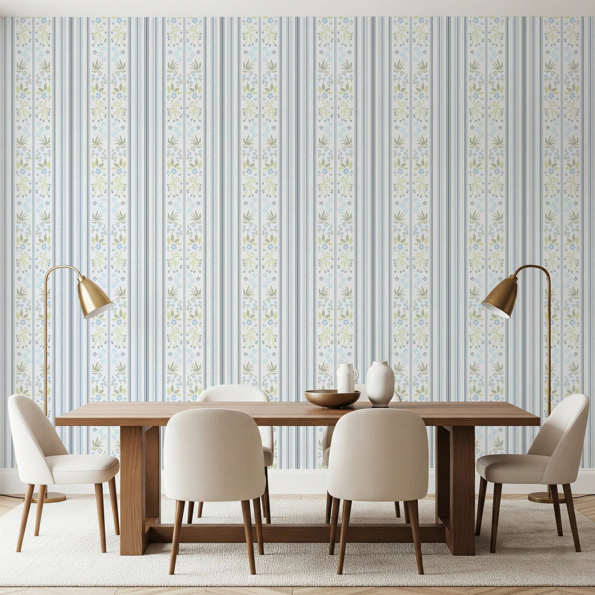 Dining room with Serene Blue Cottagecore Floral Stripes Wallpaper in soft tones, GD8804
