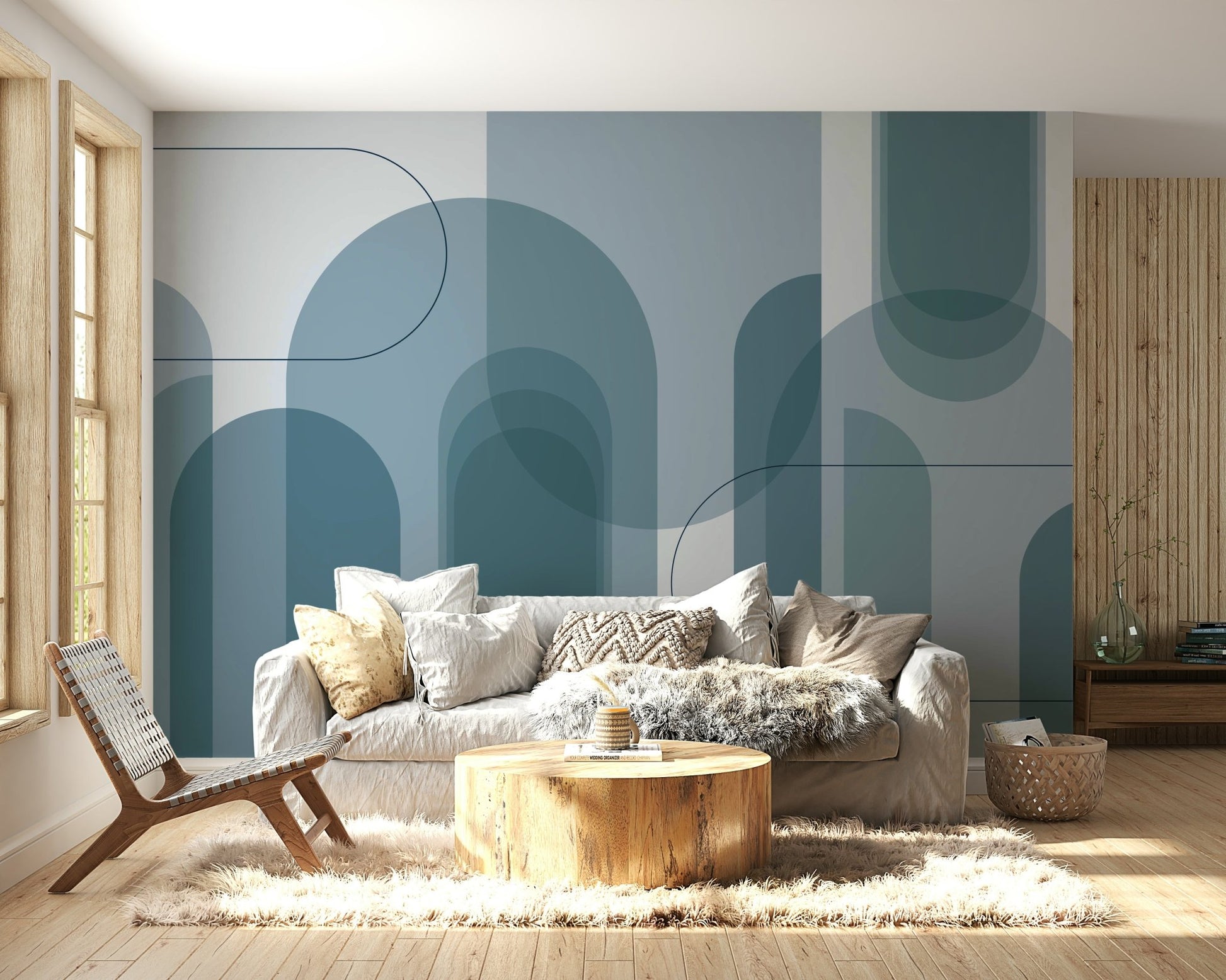 Wall mural with flowing blue lines
